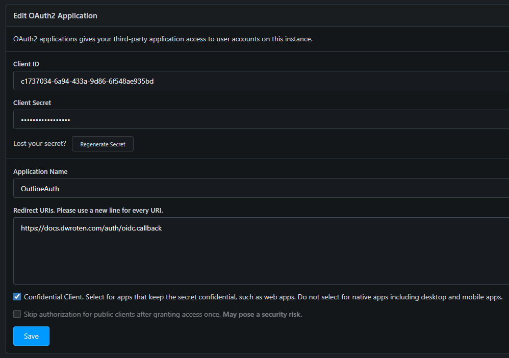 Screenshot of Outline added as OAuth2 application in Gitea