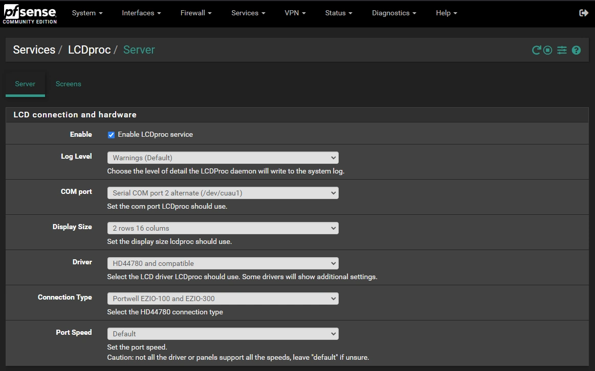 Picture of the LCDProc server settings.